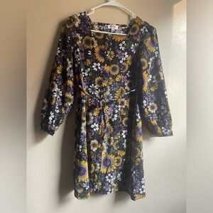 Kids sunflower corduroy snap button dress size 16 70s puff sleeve